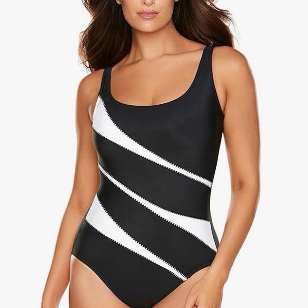 Miraclesuit 10 38DDD Black White Slimming One Piece Swimsuit Tummy Control DDD